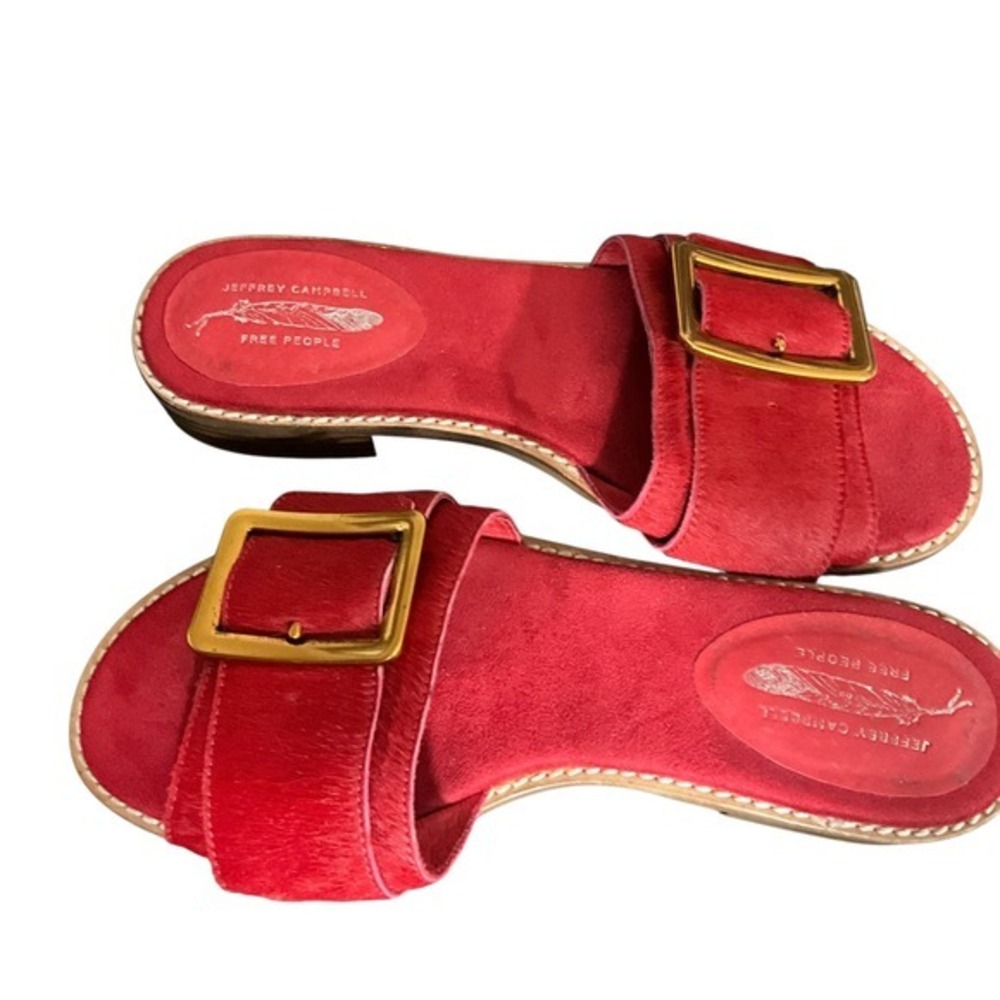 Jeffrey Campbell Sandals Womens 7.5 Red Free People Calf Hair Buckle Slide Shoes - Picture 11 of 16